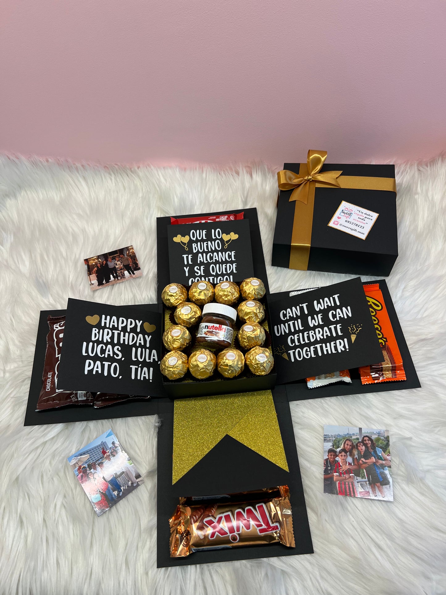 Caja explosiva personalizada con bombones, mini nutella, aniversario, cumpleaños, amor, birthday