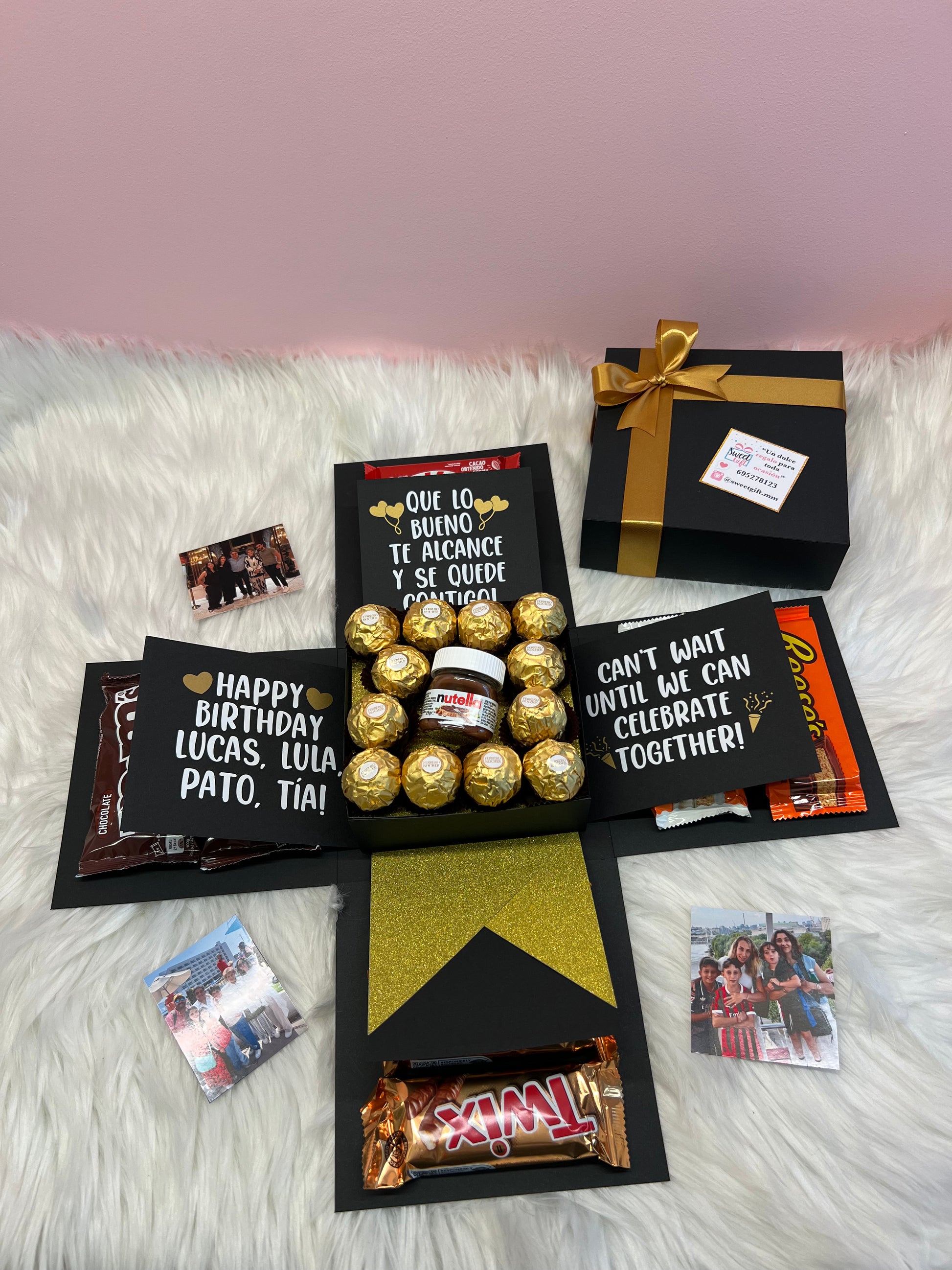 Caja explosiva personalizada con bombones, mini nutella, aniversario, cumpleaños, amor, birthday