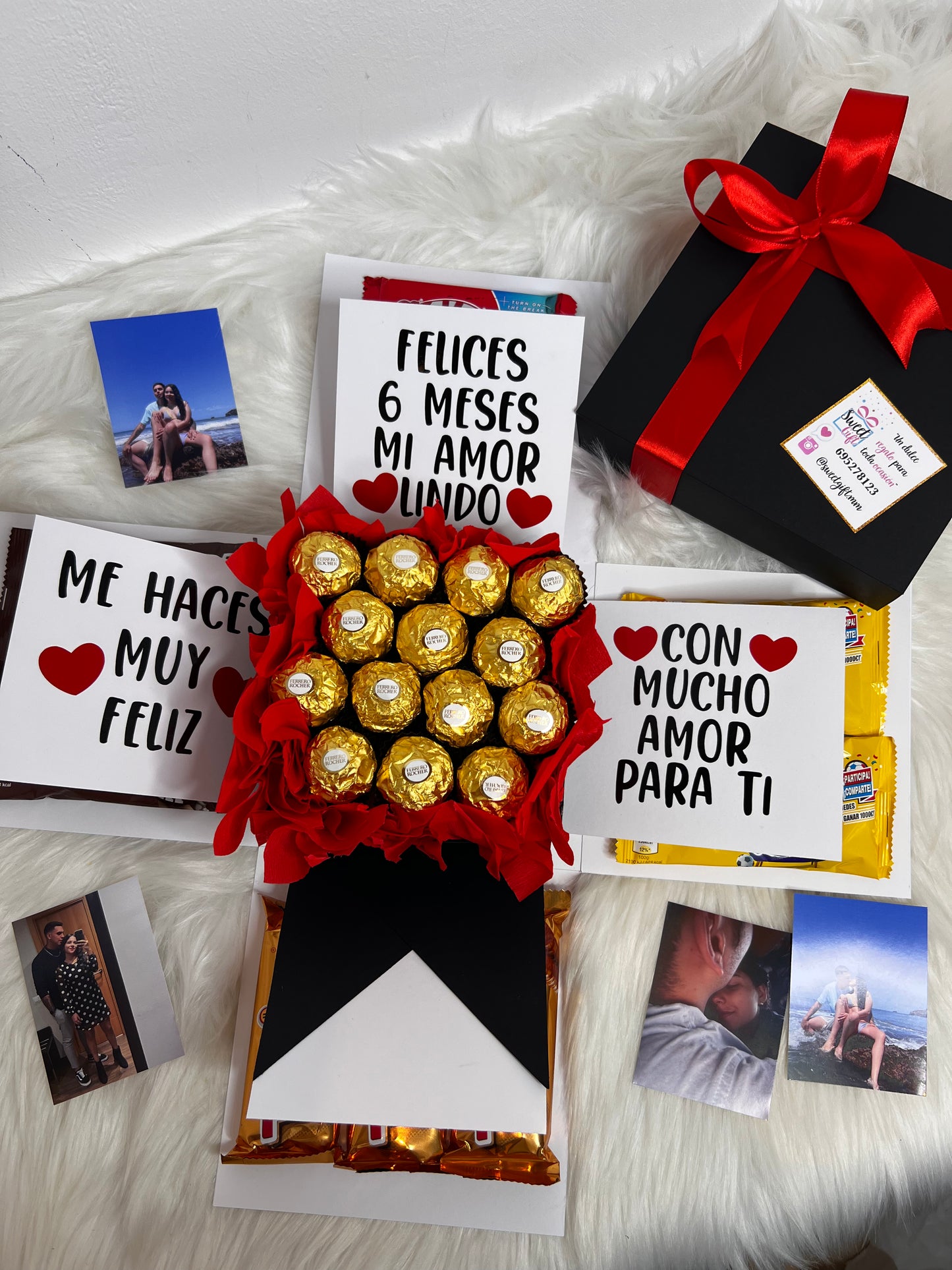 Caja explosiva personalizada con ferrero rocher, cumplemes, aniversario, cumpleaños, amor, fotos