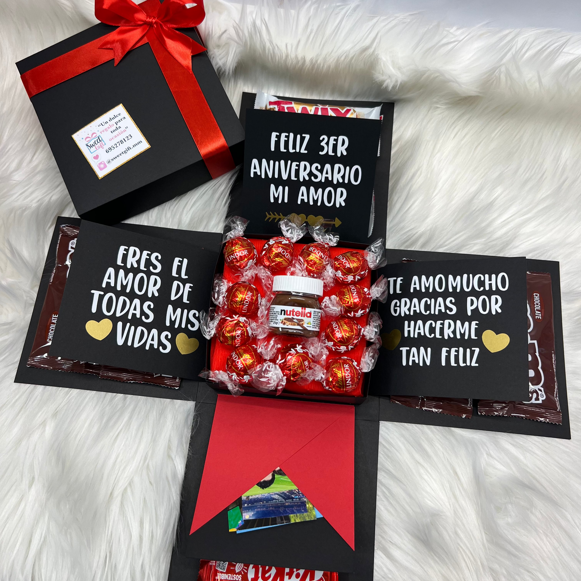 Caja explosiva personalizada con bombones, mini nutella, aniversario, cumpleaños, amor