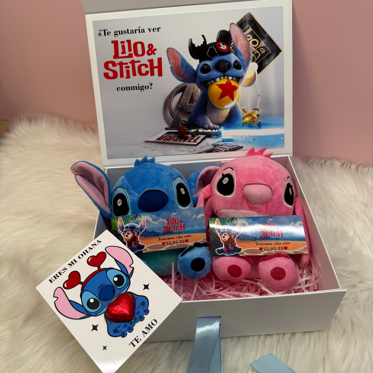 Regalo con peluches de Stitch y Angel eres mi ohana