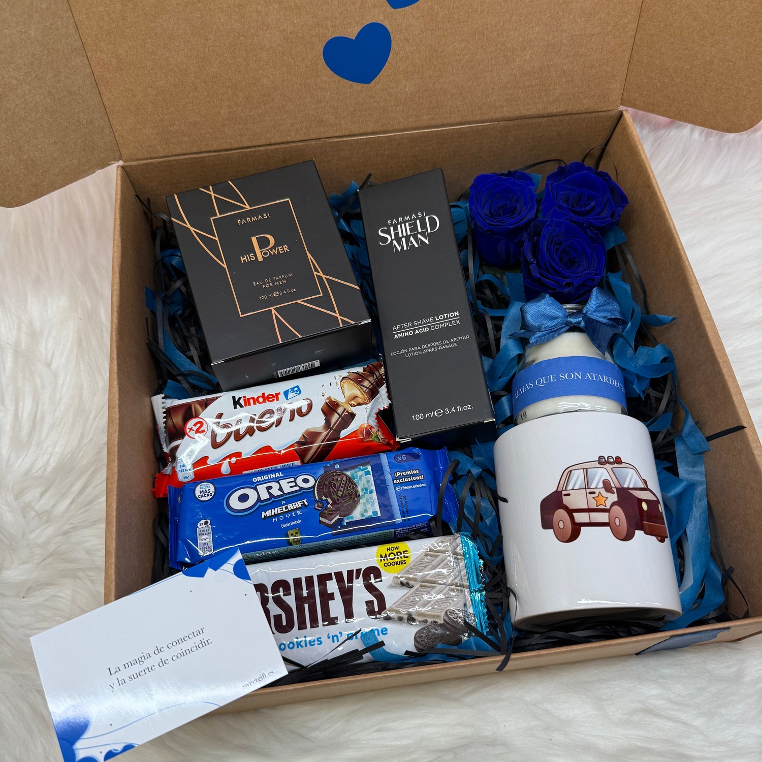 Regalo para hombres con perfume, locion despues de afeitar, rosas preservadas, vela personalizada, taza sublimada y chocolates